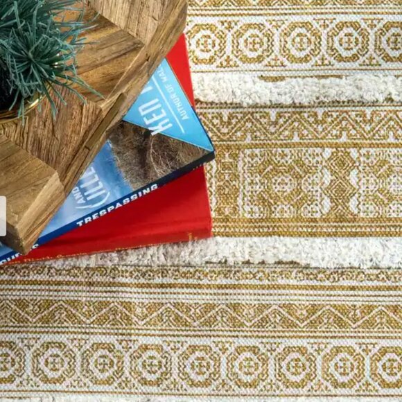 100% Cotton Greek Frieze Stripes Area Rug - 5x8 Tan & Ivory Tassels and Texture - Picture 4 of 9